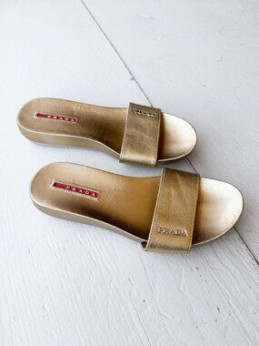 Prada Metallic Gold Slide Sandals